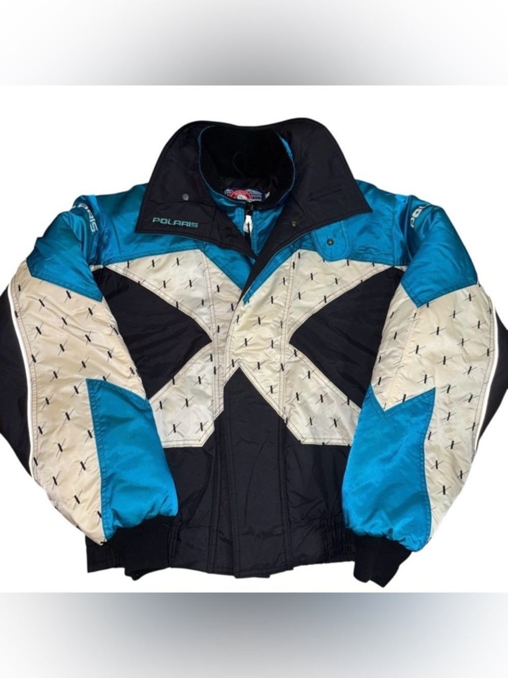 Vintage Polaris Men’s Large Snowmobile Jacket Teal Black White Nylon USA